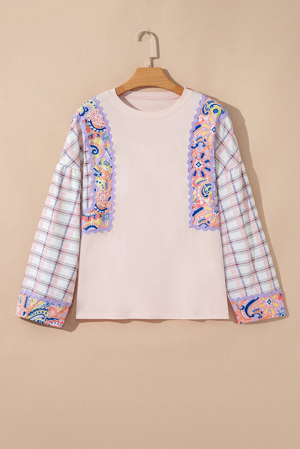 Floral Plaid Patchwork Puff Sleeve Blouse