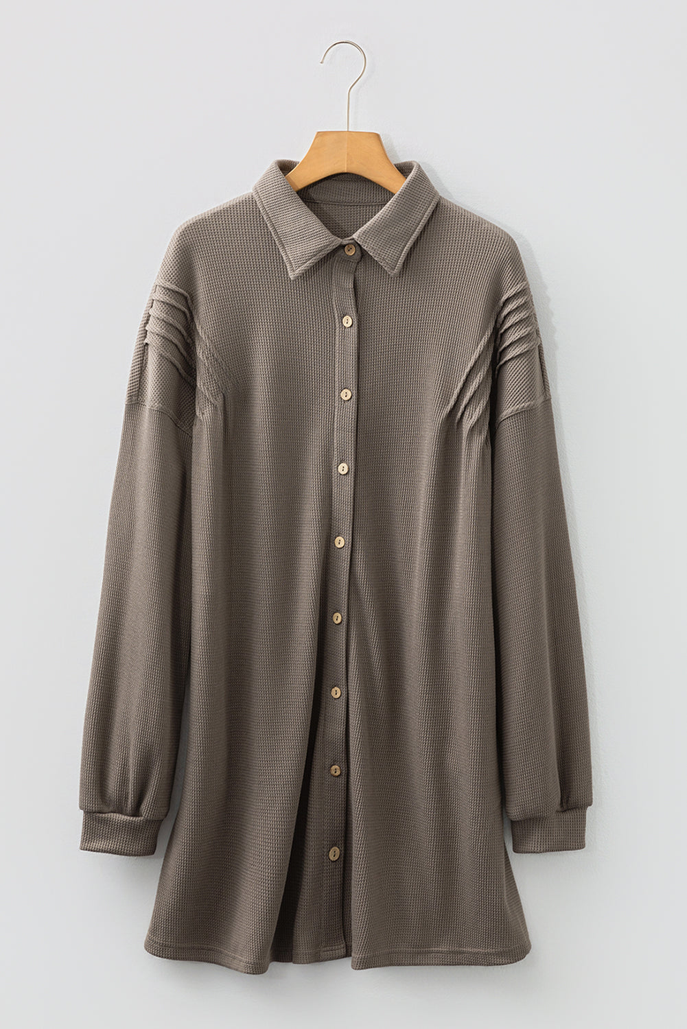 Waffle Knit Pleated Drop Shoulder Shirt Dress