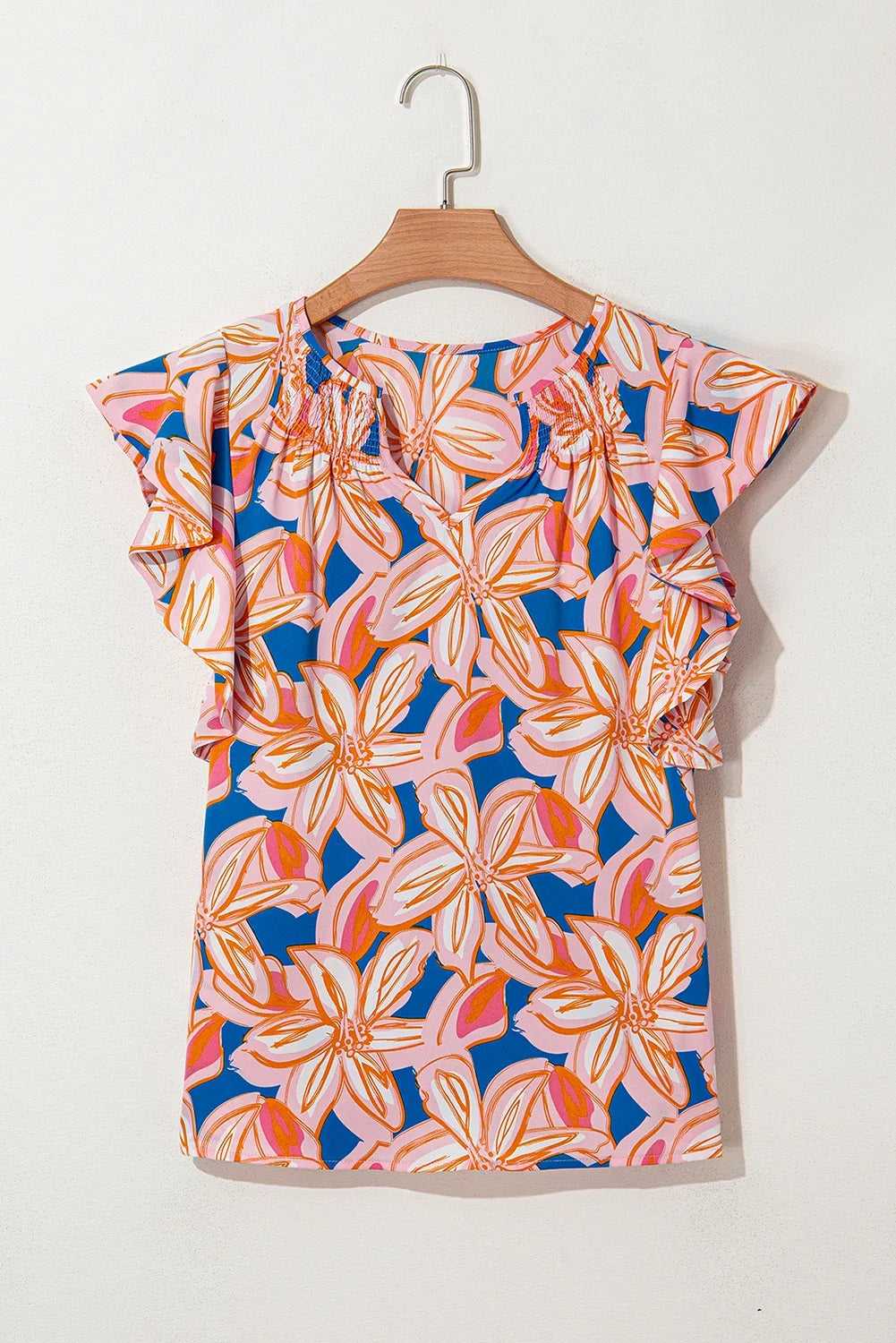 Flower Notch Neck Ruffle Sleeve Blouse