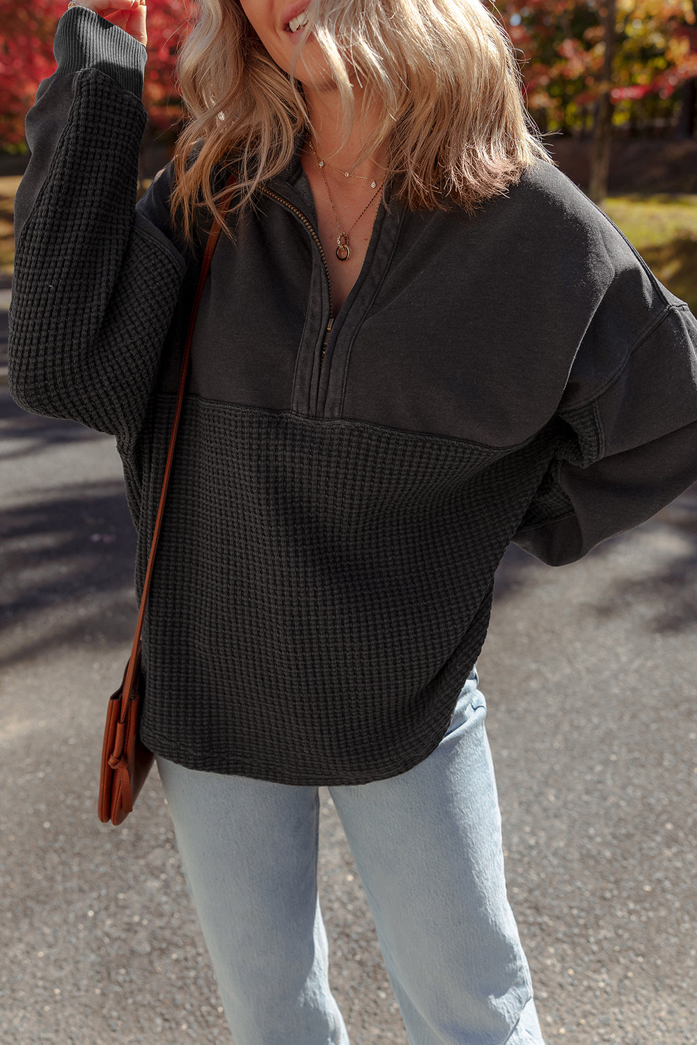 Waffle Knit Patchwork Half-Zip Sweatshirt