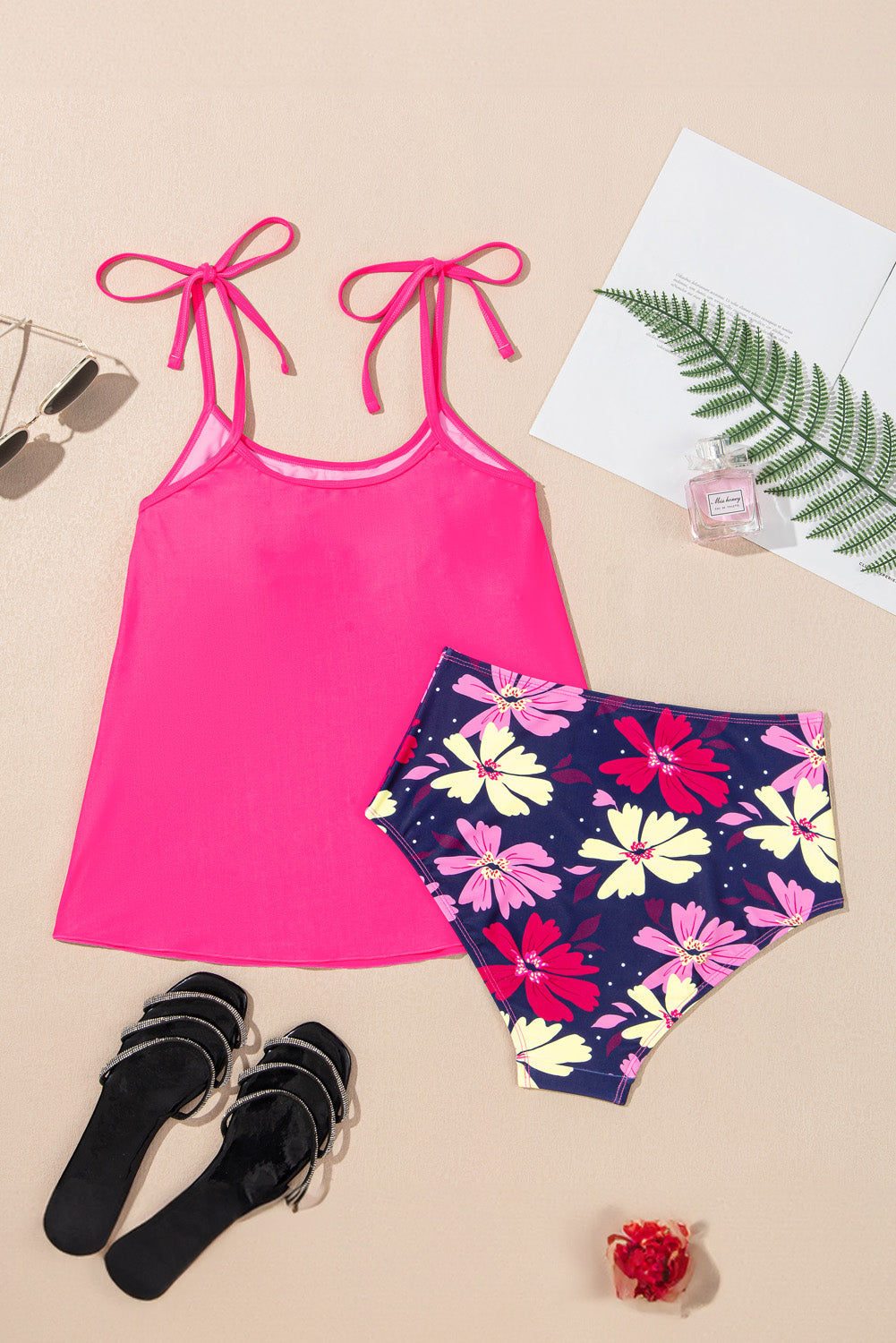 Solid Tie Strap Top & Floral Bottom Tankini Set