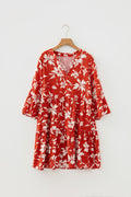Boho Floral Lettuce Trim 3/4 Sleeve Mini Dress