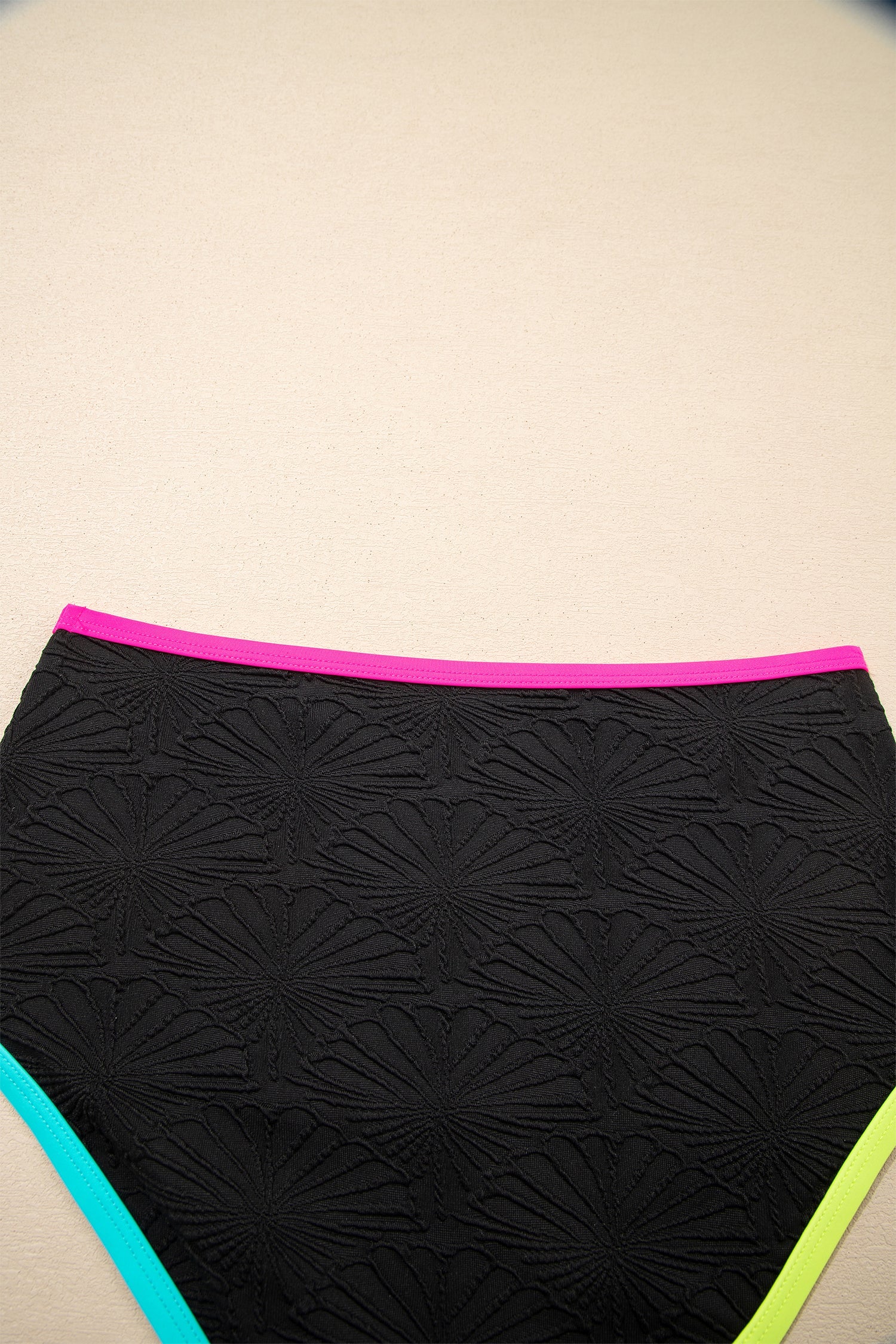 Floral Textured Neon Trim Crisscross Tankini Set