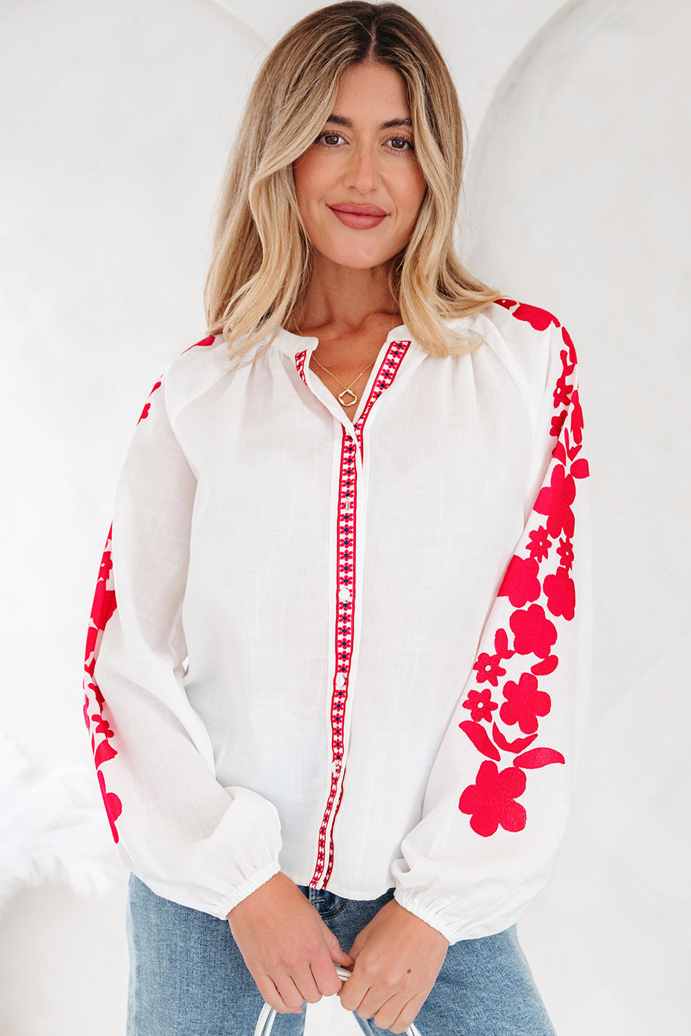Floral Embroidered Puff Long Sleeve Shirt