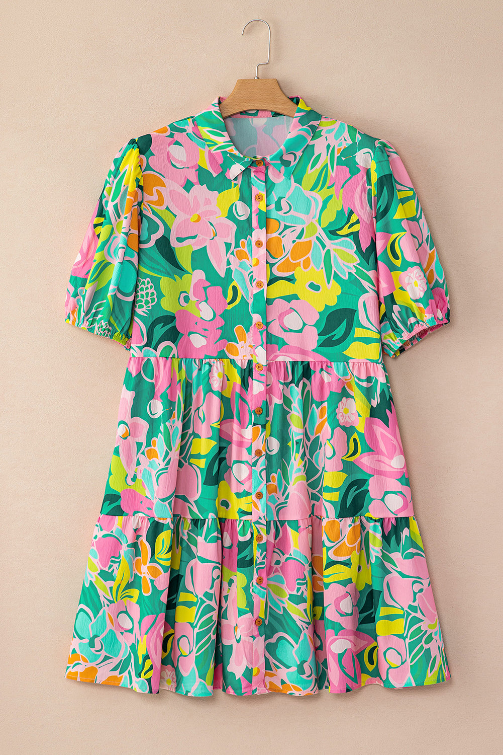 Floral Puff Sleeve Buttoned Collar Babydoll Dress