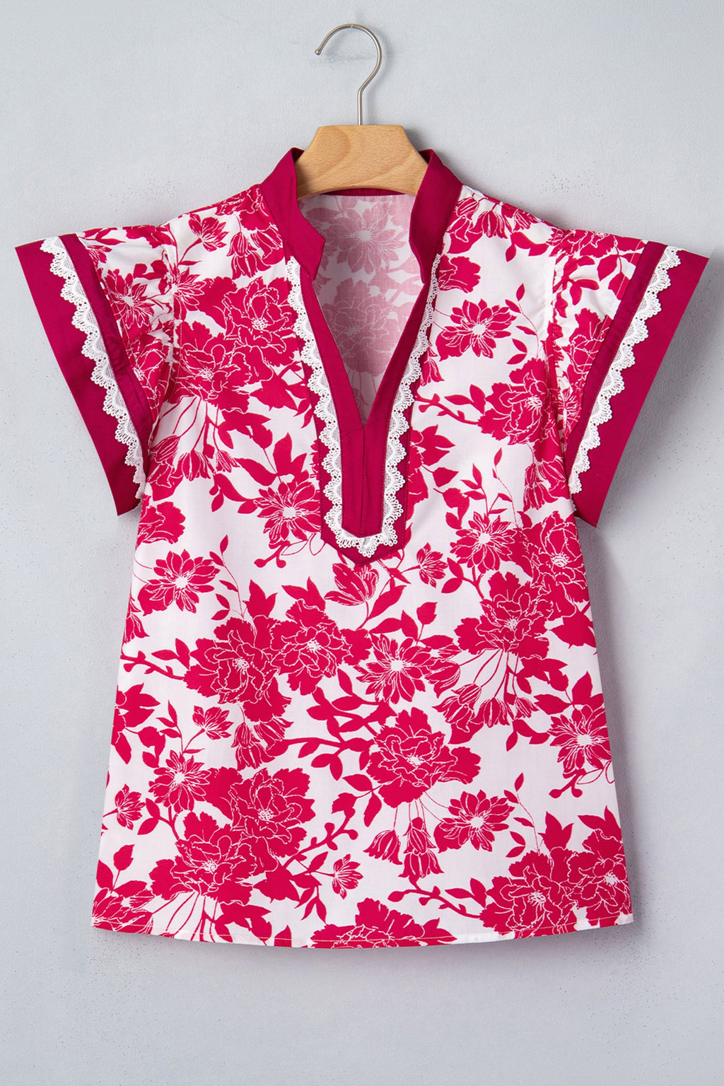 Floral Colorblock Lace V-Neck Flutter Sleeve Blouse